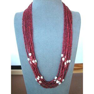 9 Strand Red Seed Bead Necklace With White Accents & Gold Clasp